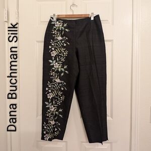 Dana Buchman Luxury 100% Silk Pants 8 Black Embroidered Floral Boho Whimsigoth 8
